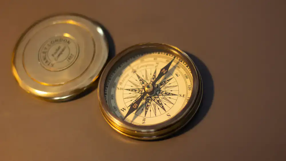Close up of antique brass compass and vintage letters