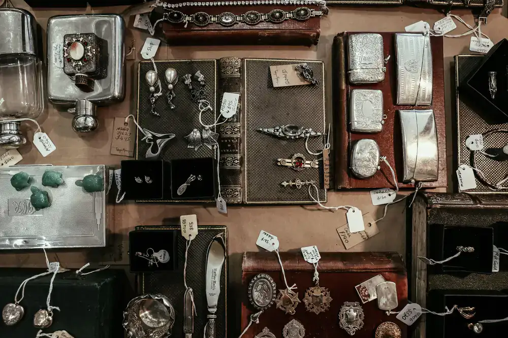 Inside the antiques shop featuring vintage furniture and curated historical items