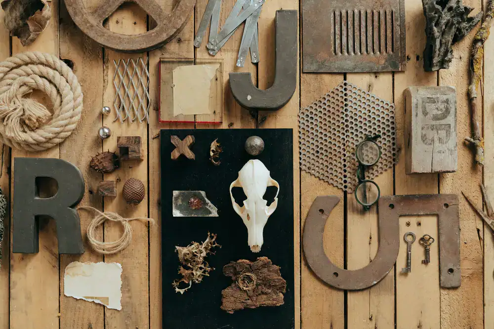 Curated vintage objects arranged on a wooden table